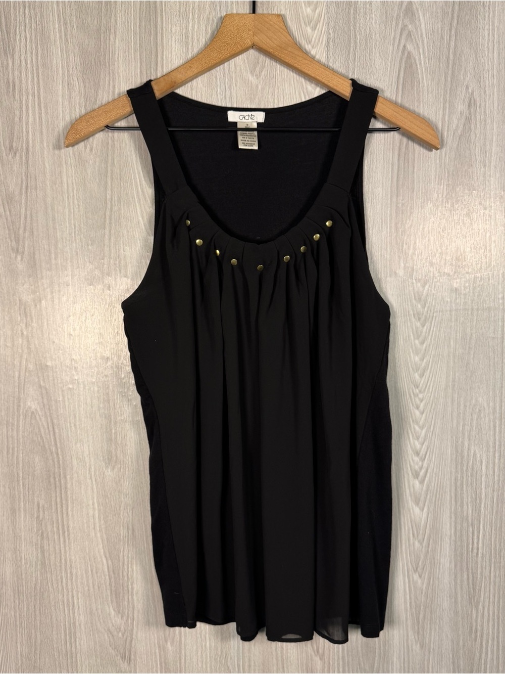 CACHE Black Chiffon Gold Studded Scoop Neck Swing Tank Top Sz M